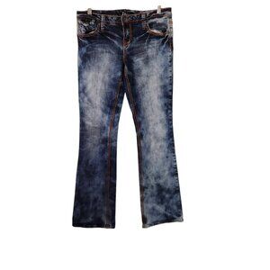 Z2‎ Women’s Jeans Blue Denim Unique Dyed Flap Embroided Pockets Sz 9 Bootcut EUC
